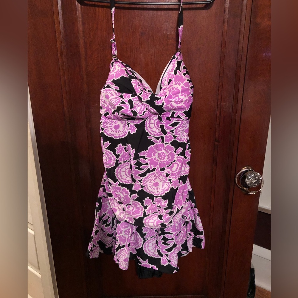 Floral print one piece bathing suit with skirt